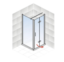 Douche d''angle avec porte pivotante et flèche rouge indiquant le mouvement de rotation