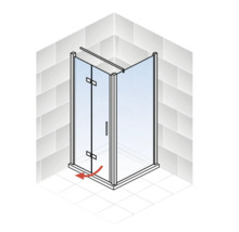 Cabine de douche d''angle avec porte battante et flèche rouge indiquant le sens de rotation