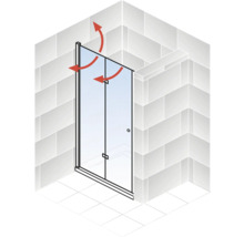 Illustration d''une cabine de douche avec porte battante et flèches rouges indiquant le mouvement de la porte.