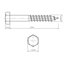 Schéma technique d''une vis à bois avec tête hexagonale et indications de dimensions