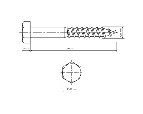 Schéma technique d''une vis à bois avec tête hexagonale et indications de dimensions