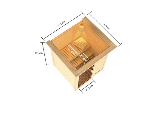Vue de dessus d''un sauna avec dimensions : 173 cm x 159 cm (en haut), 191 cm (hauteur), 65,5 cm (largeur de la porte), banc 57 cm x 27 cm.