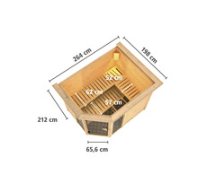Vue de dessus d''un sauna d''angle mesurant 264 cm sur 198 cm sur 212 cm et une porte de 65,6 cm de large.