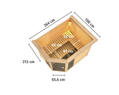Vue de dessus d''un sauna d''angle mesurant 264 cm sur 198 cm sur 212 cm et une porte de 65,6 cm de large.