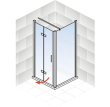 Cabine de douche d''angle avec porte battante et flèche rouge indiquant le mouvement pivotant.