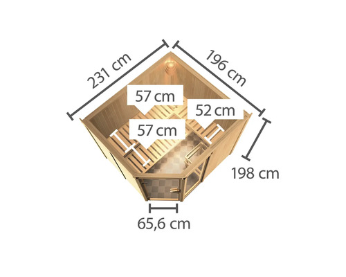 Vue de dessus d''un sauna avec les dimensions de la longueur, de la largeur et de la profondeur