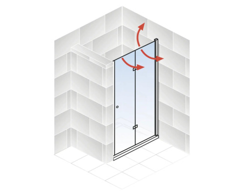 Schéma d''une cabine de douche avec paroi en verre et flèches rouges illustrant le sens du mouvement