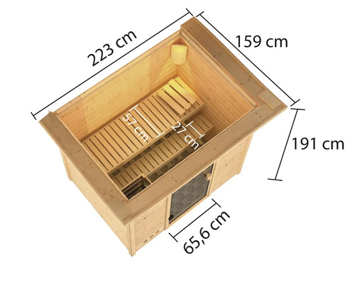 Dimensions d''un sauna en bois : 223 cm de long, 159 cm de large, 191 cm de haut, largeur de porte de 65,6 cm, profondeurs de banc de 57 cm et 27 cm
