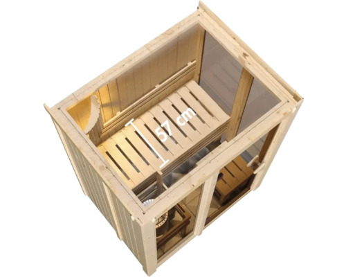 Innenansicht einer Sauna aus Holz mit Bänken und einer Tiefenmarkierung von 57 Zentimetern