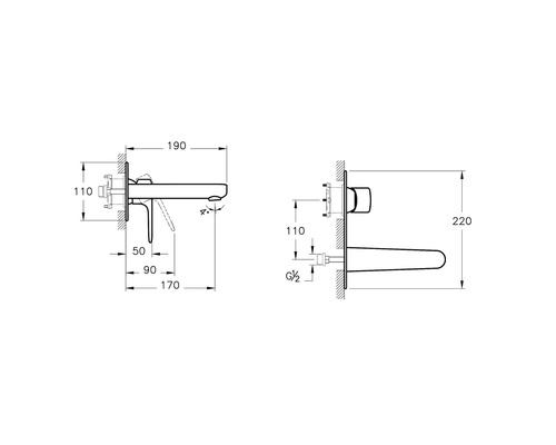 Schéma technique d''un robinet de lavabo mural avec indications de dimensions