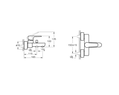 Technische Zeichnung einer Armatur mit Maßangaben