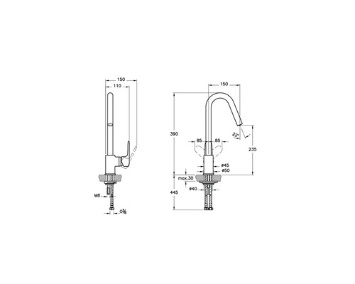 Schéma technique d''un robinet de cuisine avec indication des dimensions