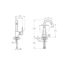 Schéma technique d''un robinet de cuisine avec dimensions.