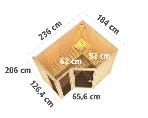 Draufsicht der Ecksauna mit Abmessungen
