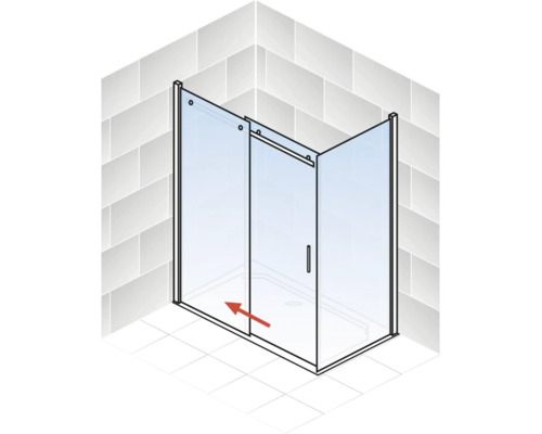 Illustration einer Duschkabine mit Schiebetür und rotem Pfeil
