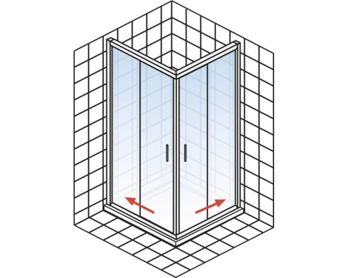 Douche d''angle avec deux portes dans une salle de bains carrelée
