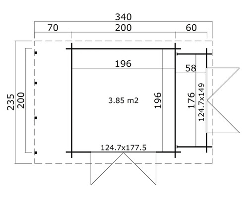 Grundrisszeichnung eines Gartenhauses mit Maßangaben