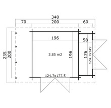 Grundrisszeichnung eines Gartenhauses mit Maßangaben.
