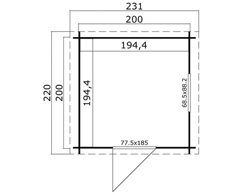 Grundrisszeichnung eines Gartenhauses mit Maßangaben