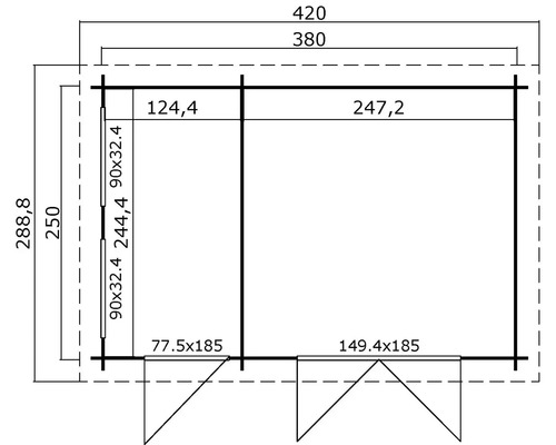 Grundrisszeichnung eines Gartenhauses mit Maßangaben.
