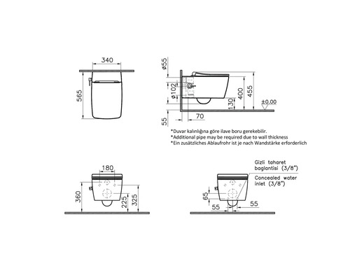 Schéma technique d''un WC suspendu avec dimensions