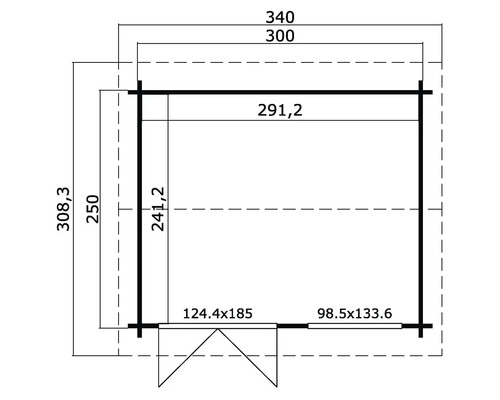 Grundrisszeichnung eines Gartenhauses mit Maßangaben