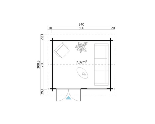 Grundriss eines Gartenhauses mit Maßen und Einrichtung