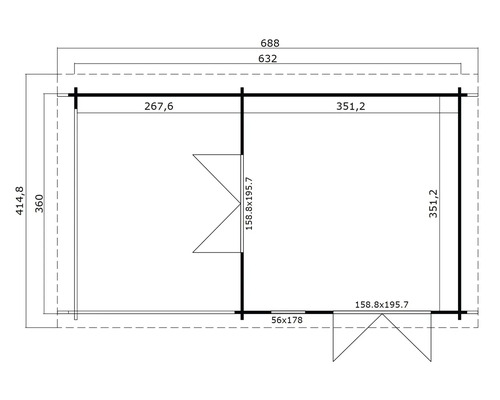 Grundrisszeichnung eines Gartenhauses mit Maßangaben