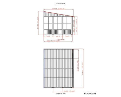 Technische Zeichnung des Gartenhauses Charleston 10x13 mit Maßangaben