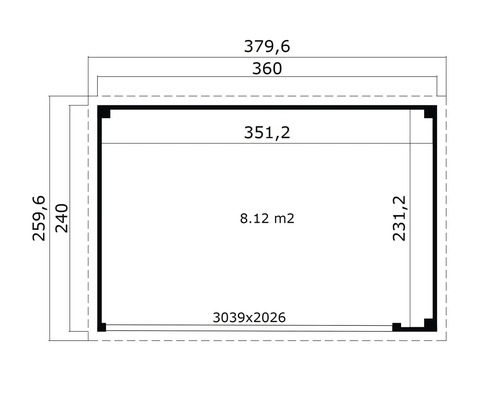 Dimensions d'un abri de jardin d'une superficie de 8.12 mètres carrés.