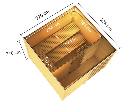 Illustration einer Sauna mit Größenangaben in Zentimetern.
