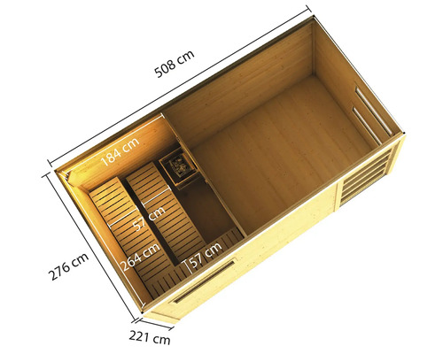 Vue intérieure d''un sauna avec bancs et poêle, dimensions indiquées