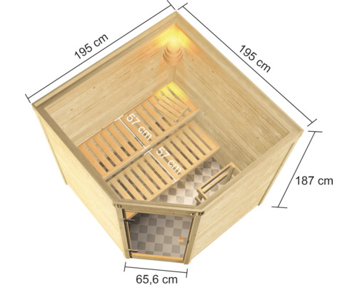 Vue de dessus d''un sauna en bois avec des dimensions de 195 cm x 195 cm x 187 cm