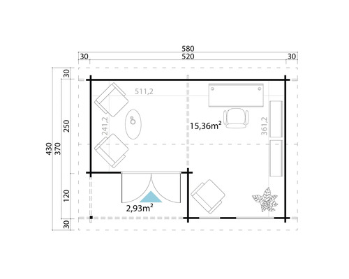 Grundriss eines Gartenhauses mit Möbeln und Bemaßungen