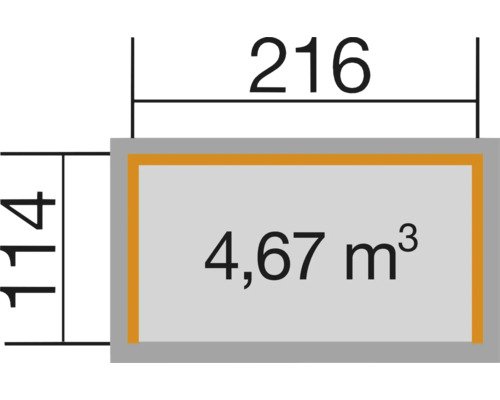 Diagramm mit Maßangaben: 216 mal 114 und 4,67 Kubikmeter
