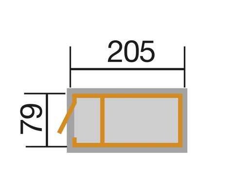 Schéma technique d''une cabane de jardin mesurant 205 sur 79 centimètres