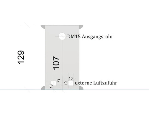 Technische Zeichnung eines Abluftrohrs mit den Maßen 129, 107, 17, 13 und 10, mit externer Luftzufuhr und 15 Millimeter Auslassrohr