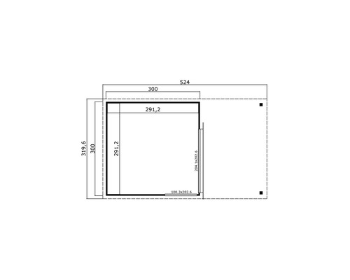 Technische Zeichnung mit Maßangaben eines Gerätehauses