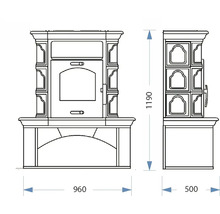Technische Zeichnung eines Kaminofens mit den Maßen 960 x 500 x 1190 Millimeter.