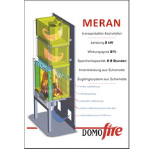 Meran transportabler Kachelofen mit einer Leistung von 8 Kilowatt, einem Wirkungsgrad von 81 Prozent und einer Speicherkapazität von 6 bis 8 Stunden. Die Innenkleidung und das Zuglängensystem sind aus Schamotte.