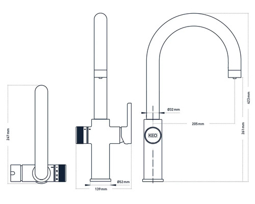 Dessin technique d''un robinet de cuisine avec dimensions.