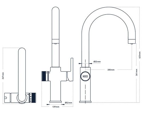 Schéma technique d''un robinet de cuisine avec dimensions