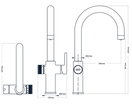 Dessin technique d''un robinet de cuisine avec dimensions.
