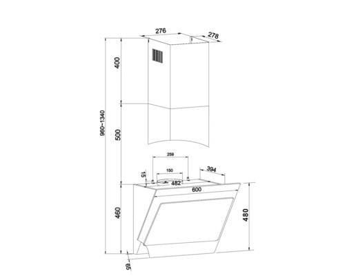 Schéma technique d''une hotte aspirante avec cotes