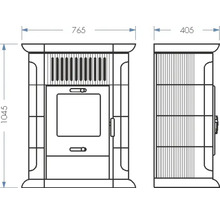 Technische Zeichnung eines Ofens mit Maßangaben zu Höhe, Breite und Tiefe.