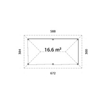 Plan avec les dimensions 384, 588, 672, 300 et l''indication de surface 16.6 mètres carrés.