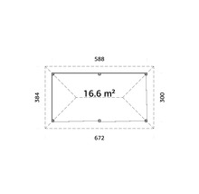 Plan avec les dimensions 588, 384, 672, 300 et la surface indiquée de 16.6 mètres carrés