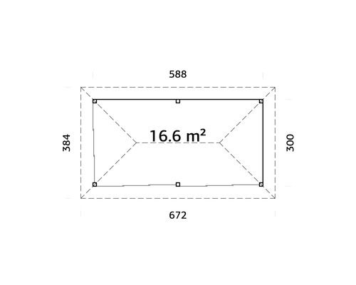 Grundrisszeichnung mit Maßangaben: 384 x 672 cm Außenmaß, 300 x 588 cm Sockelmaß, 16.6 Quadratmeter Fläche