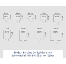 EcoStar Euroline Gerätehäuser mit Satteldach in neun Größen erhältlich.
