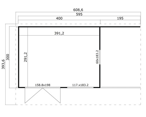 Plan au sol indiquant les dimensions 608,6 x 393,6 cm